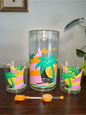 Vintage 80s 90s Neon Tropical Pitcher & Glasses Set | Retro Beach Cocktail Set